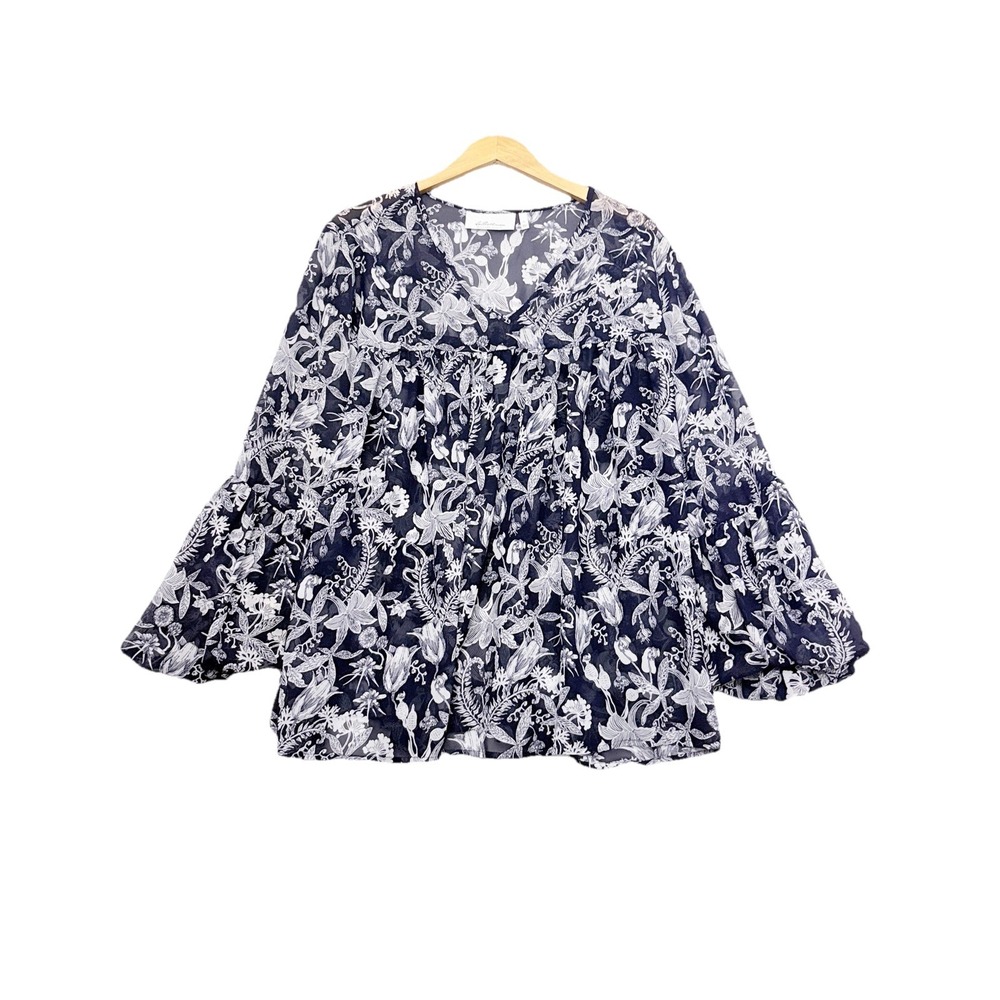 LaBellum Hillary Scott Flowy‎ Blouse Top Womens Sz 1X Semi Sheer Floral Bell Slv
